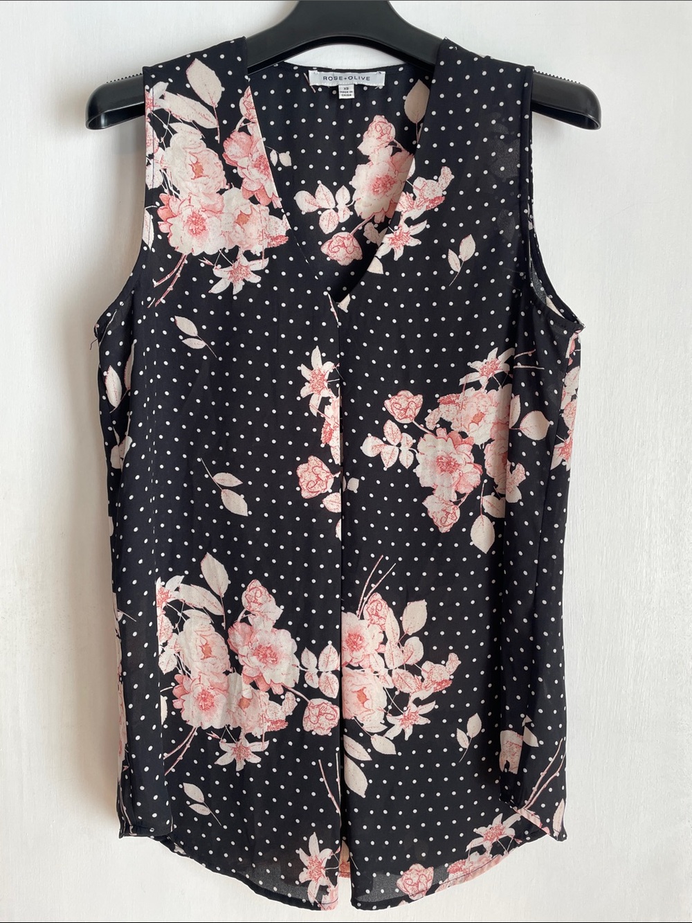 Rose & Olive Black&White Polka Dot Sleeveless Blouse with Pink Floral Print